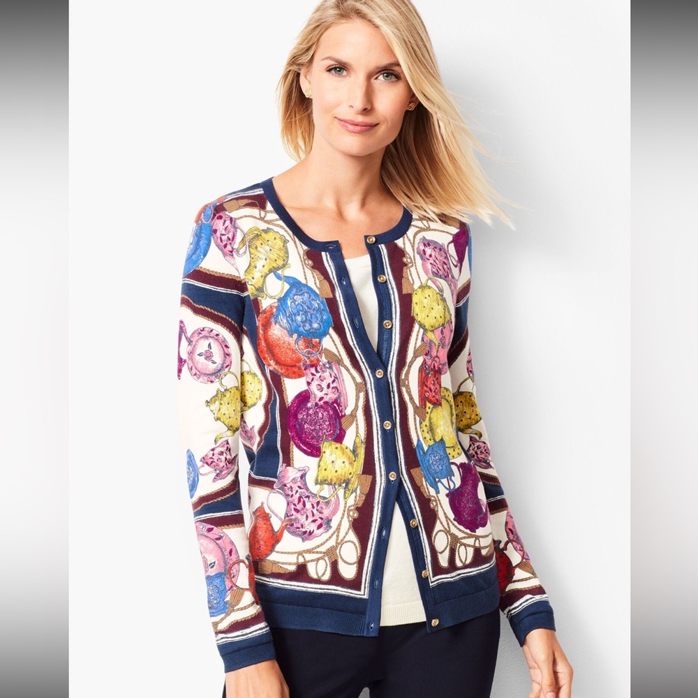 Talbots Womens Teacup Teapot Button Front Cardigan Size S Petite Colorful Whimsy